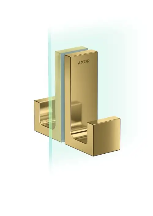 Goldfarbener Türgriff von AXOR, geeignet für Duschtüren, mit einem modernen, rechteckigen Design und klaren Linien. Der Griff ist an einer Glasoberfläche montiert.